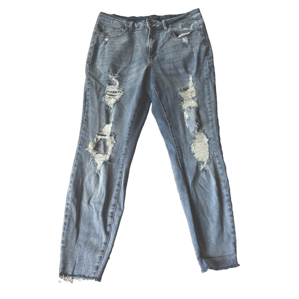 Judy Blue Skinny Fit Jeans Womens 14 Distressed Blue Denim Cuff Hem JB8814